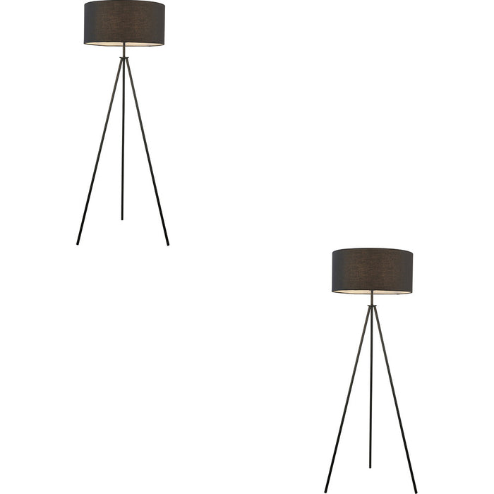 2 PACK 1480mm Floor Lamp - Matt Black & Black Fabric Modern Reading Tripod - Standing LED Light Base & Shade