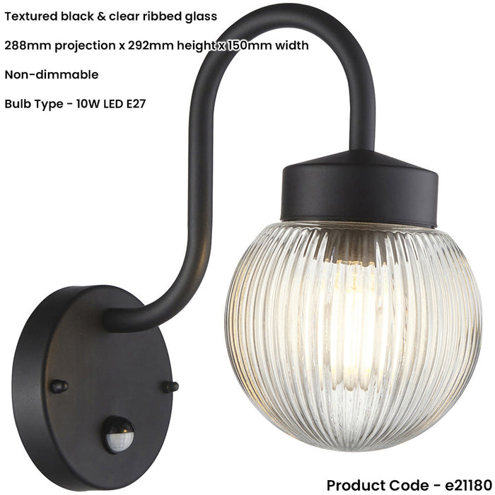 Outdoor Textured Black Wall Light - Clear Ribbed Glass Shade - Non-Dimmable 10W LED E27