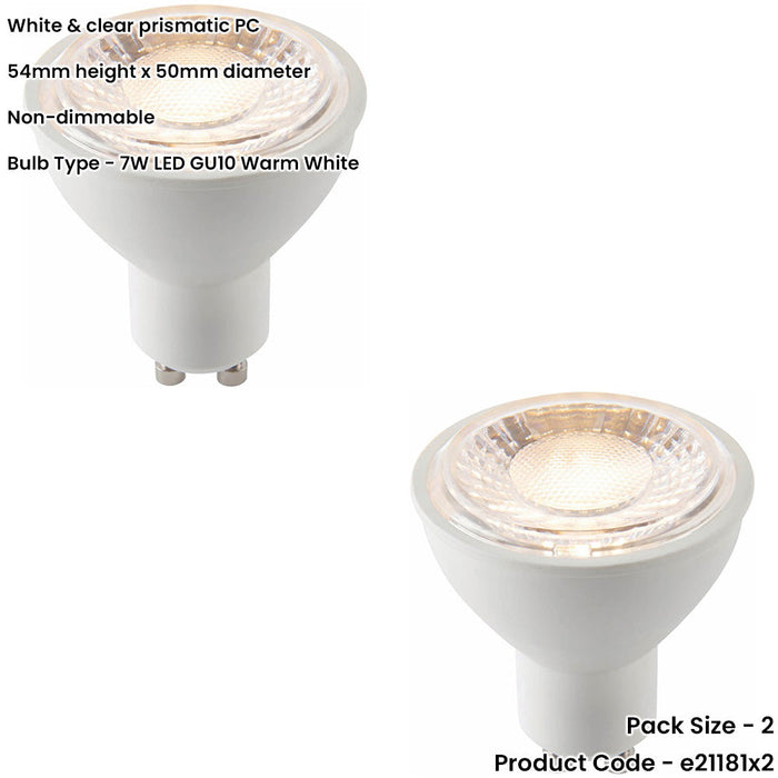 2 PACK White & Clear 7W GU10 SMD LED Light Bulb - Non-dimmable Warm White - 680lm 3000k