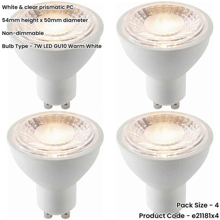 4 PACK White & Clear 7W GU10 SMD LED Light Bulb - Non-dimmable Warm White - 680lm 3000k