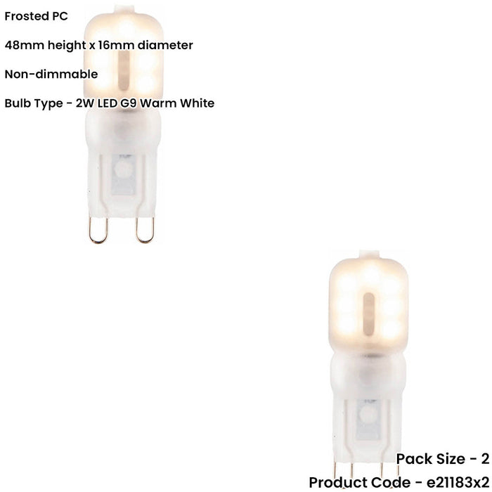 2 PACK Frosted PC G9 2W SMD LED Light Bulb - Non-dimmable Warm White - 200lm 3000k