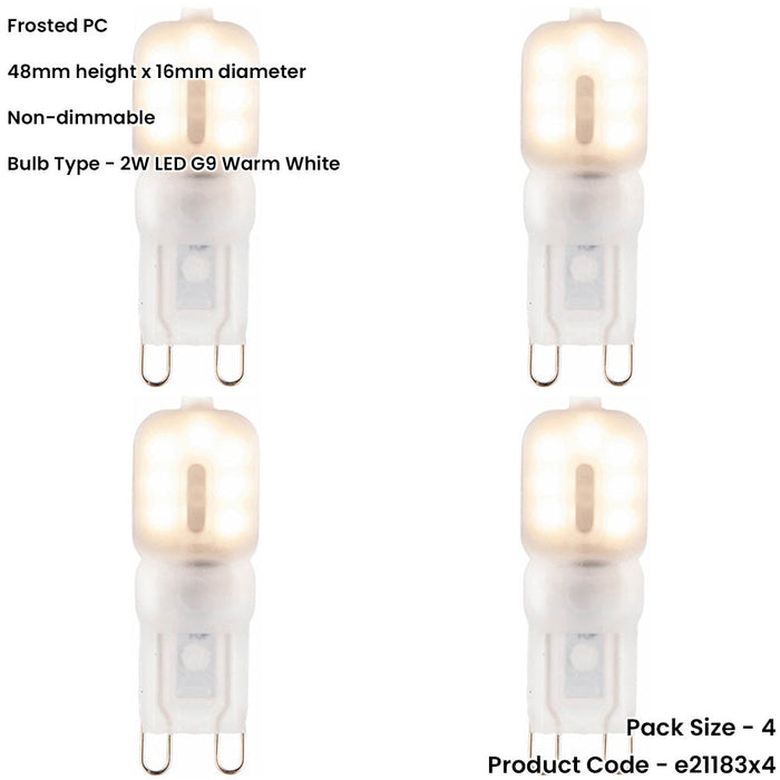 4 PACK Frosted PC G9 2W SMD LED Light Bulb - Non-dimmable Warm White - 200lm 3000k