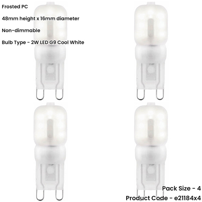 4 PACK Frosted PC G9 2W SMD LED Light Bulb - Non-dimmable Cool White - 200lm 4000k