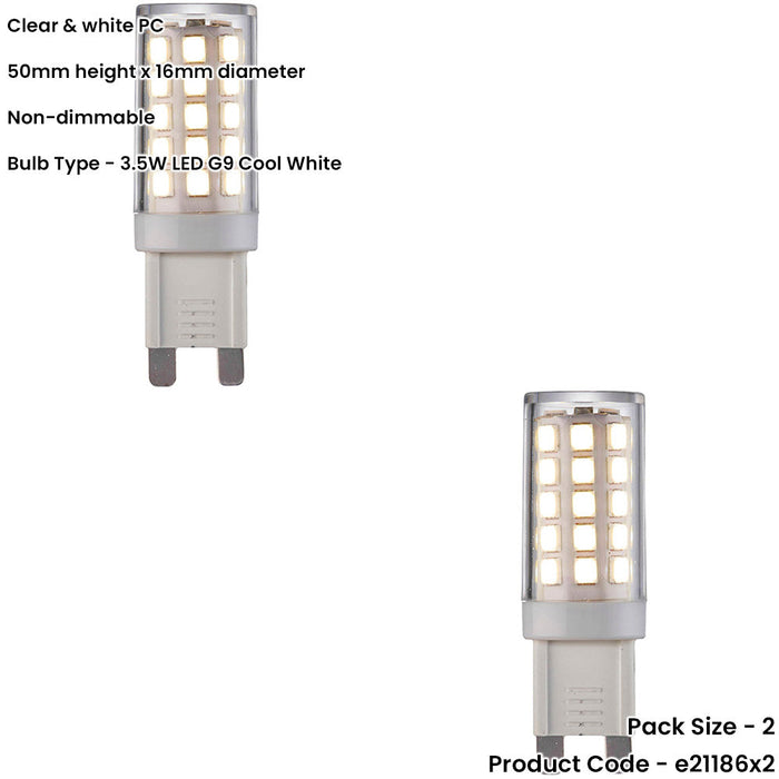 2 PACK Clear & White 3.5W G9 SMD LED Light Bulb - Non-dimmable Cool White - 400lm 4000k