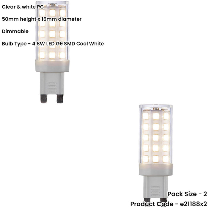 2 PACK Clear & White 4.8W G9 SMD LED Light Bulb - Dimmable Cool White - 470lm 4000k