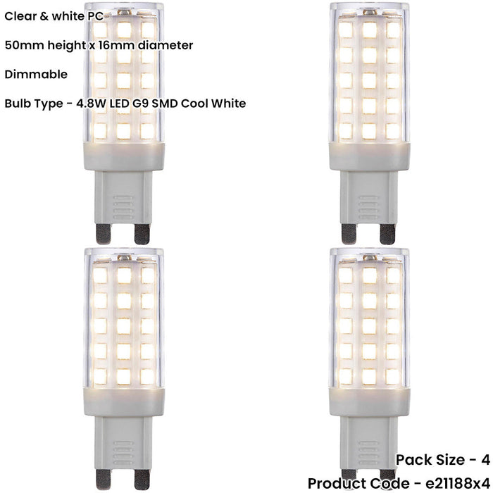 4 PACK Clear & White 4.8W G9 SMD LED Light Bulb - Dimmable Cool White - 470lm 4000k