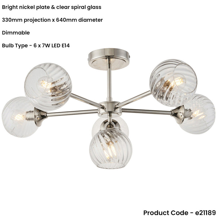 6 Light Semi Flush Ceiling & 2x Matching Wall Lights - Bright Nickel Clear Spiral Patterned Shade