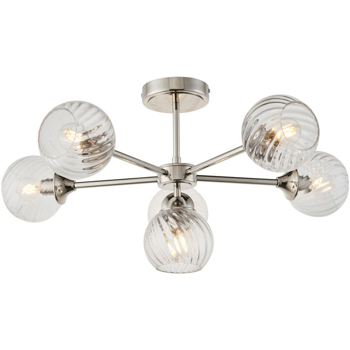 6 Light Semi Flush Ceiling & 2x Matching Wall Lights - Bright Nickel Clear Spiral Patterned Shade