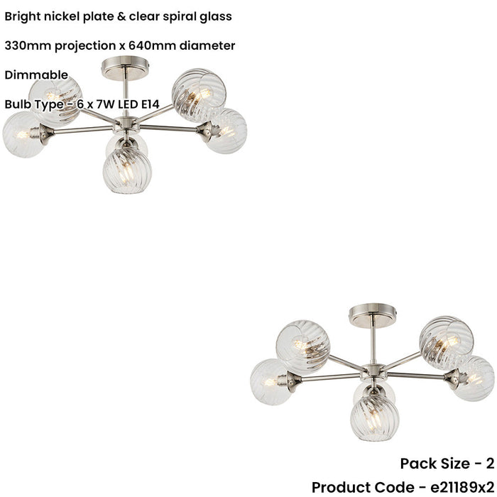 2 PACK Bright Nickel Semi Flush Low Ceiling Light - Clear Spiral Multi Arm Glass - 6 X 7W LED E14