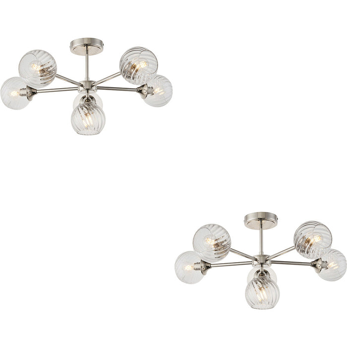 2 PACK Bright Nickel Semi Flush Low Ceiling Light - Clear Spiral Multi Arm Glass - 6 X 7W LED E14