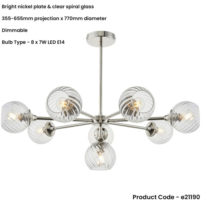 Multi Arm Hanging Ceiling Pendant Light - Bright Nickel Plate & Clear Spiral Glass - 8 X 7W LED E14