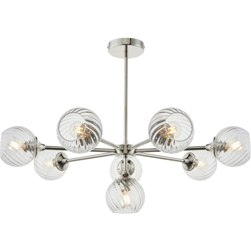 Multi Arm Hanging Ceiling Pendant Light - Bright Nickel Plate & Clear Spiral Glass - 8 X 7W LED E14