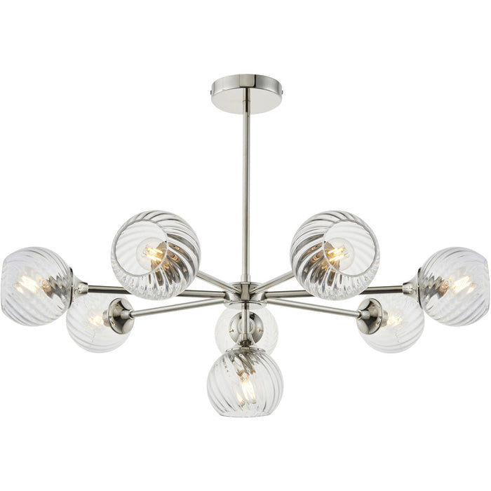 Multi Arm Hanging Ceiling Pendant Light - Bright Nickel Plate & Clear Spiral Glass - 8 X 7W LED E14