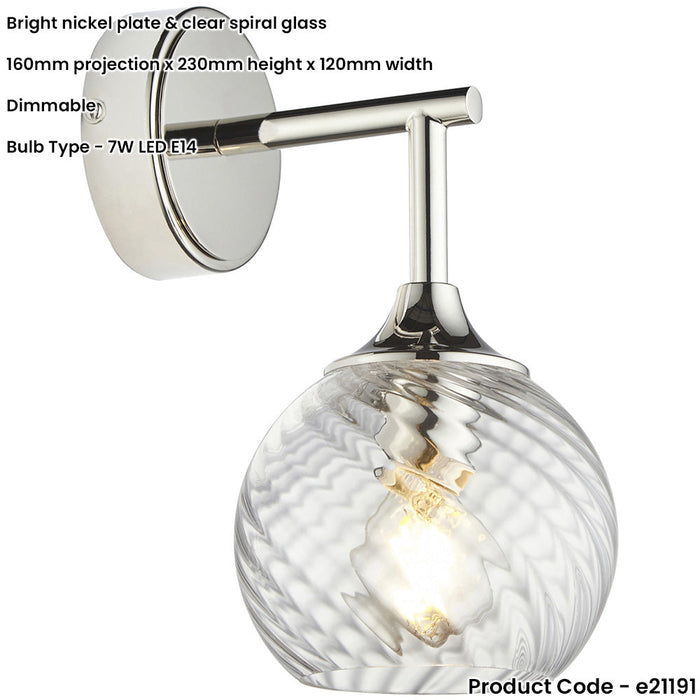 Indoor Bright Nickel Plate Wall Light - Clear Spiral Glass Shade - Dimmable 7W LED E14