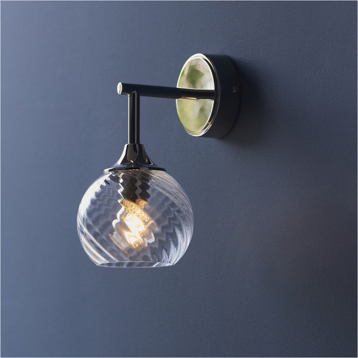 Indoor Bright Nickel Plate Wall Light - Clear Spiral Glass Shade - Dimmable 7W LED E14