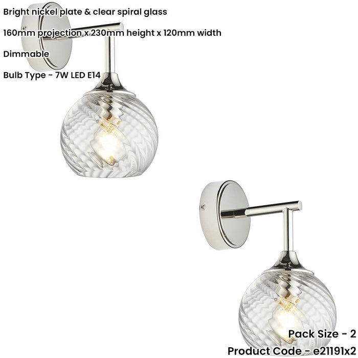 2 PACK Indoor Bright Nickel Plate Wall Light - Clear Spiral Glass Shade - Dimmable 7W LED E14