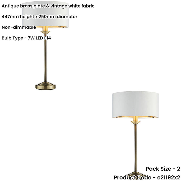 2 PACK Antique Brass Plate Table Lamp - Vintage White Fabric Shade - 447mm Tall Light - 7W LED E14