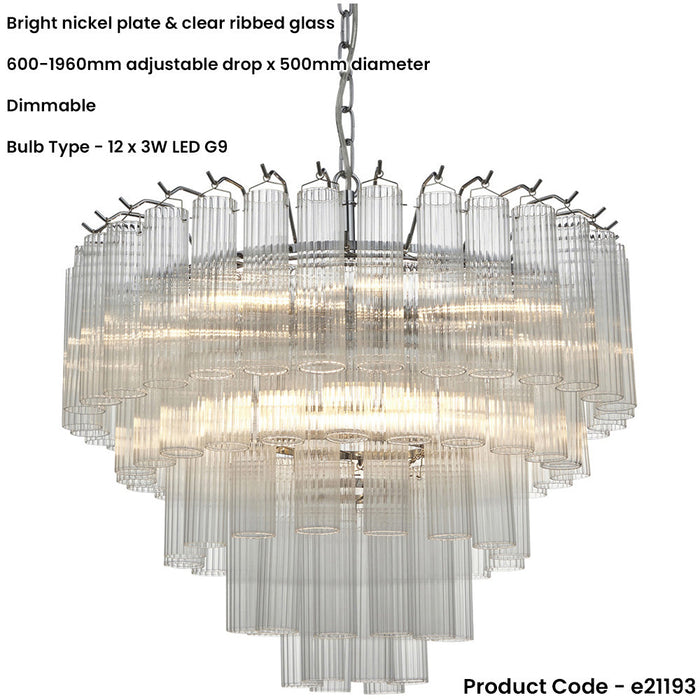 Multi Arm Hanging Ceiling Pendant Light - Bright Nickel Plate & Clear Ribbed Glass - 12 X 3W LED G9