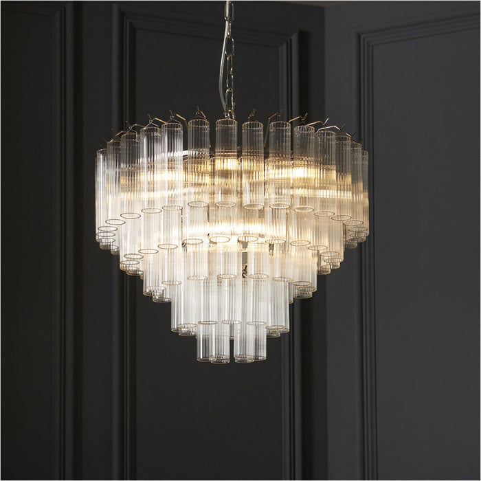 Multi Arm Hanging Ceiling Pendant Light - Bright Nickel Plate & Clear Ribbed Glass - 12 X 3W LED G9