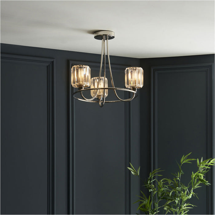 3 Light Semi Flush Ceiling Lamp & 2x Matching Wall Lights - Bright Nickel Frosted Glass Chandelier 