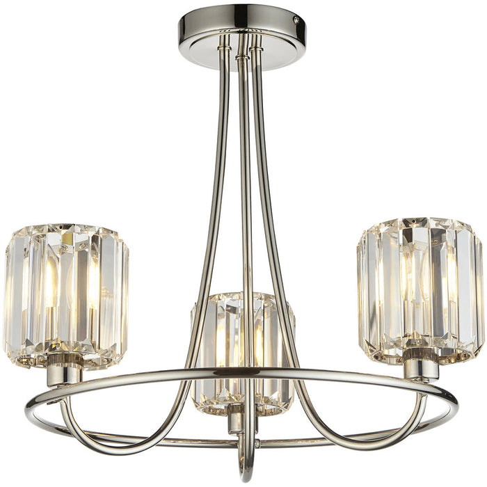 Bright Nickel Semi Flush Low Ceiling Light - Clear Multi Arm Glass - 3 X 6W LED E14