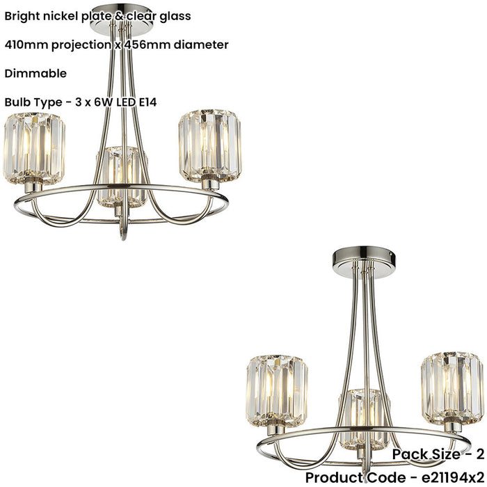 2 PACK Bright Nickel Semi Flush Low Ceiling Light - Clear Multi Arm Glass - 3 X 6W LED E14