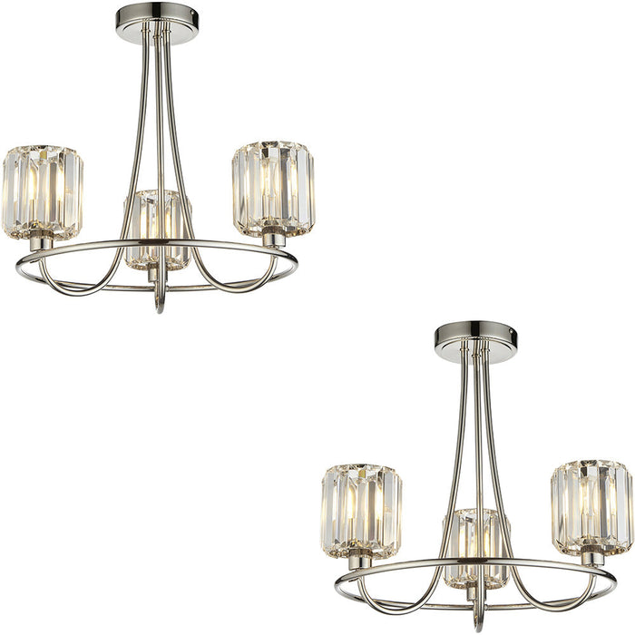 2 PACK Bright Nickel Semi Flush Low Ceiling Light - Clear Multi Arm Glass - 3 X 6W LED E14