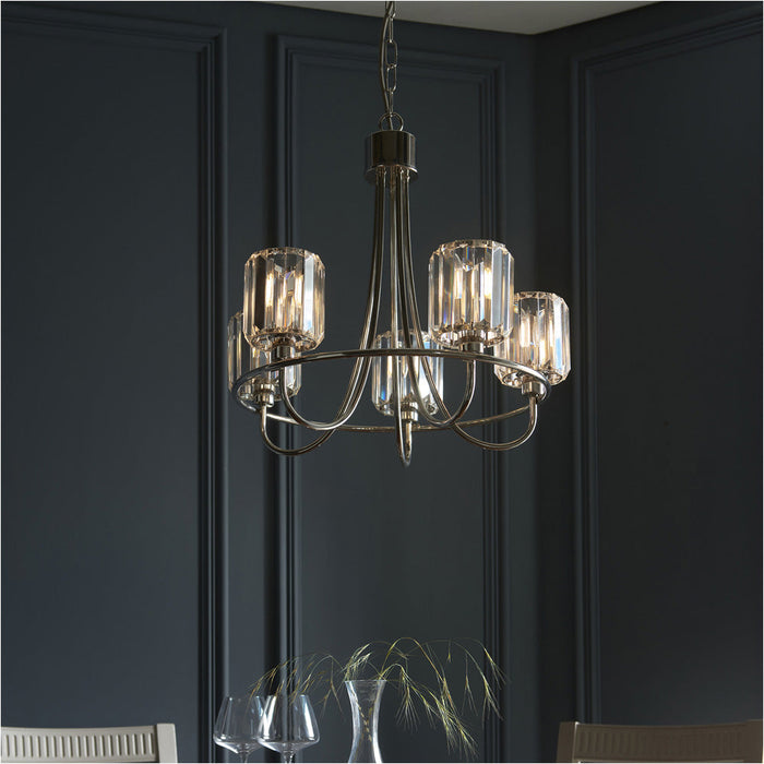 5 Light Ceiling Pendant & 2x Matching Wall Lights - Bright Nickel Frosted Glass Chandelier 