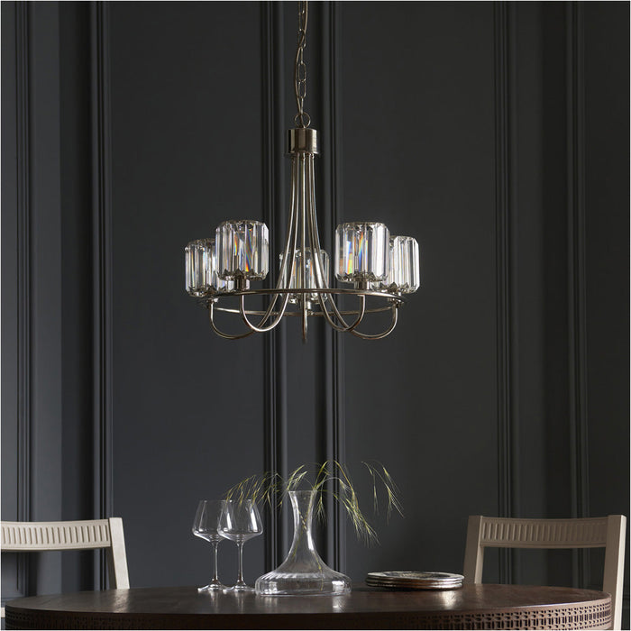 5 Light Ceiling Pendant & 2x Matching Wall Lights - Bright Nickel Frosted Glass Chandelier 