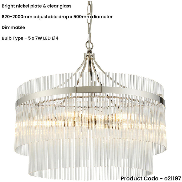 Multi Arm Hanging Ceiling Pendant Light - Bright Nickel Plate & Clear Glass - 5 X 7W LED E14