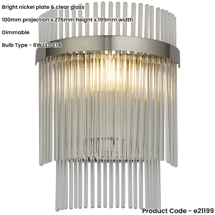 3 Light Ceiling Pendant & 2x Matching Wall Lamps - Polsihed Nickel Decorative Glass Rod Shades