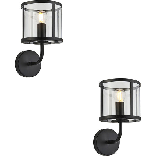 2 PACK Indoor Matt Black Wall Light - Clear Glass Shade - Dimmable 7W LED E14