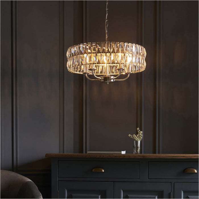 Multi Arm Hanging Ceiling Pendant Light - Bright Nickel Plate & Clear Crystal Glass - 5 X 6W LED E14