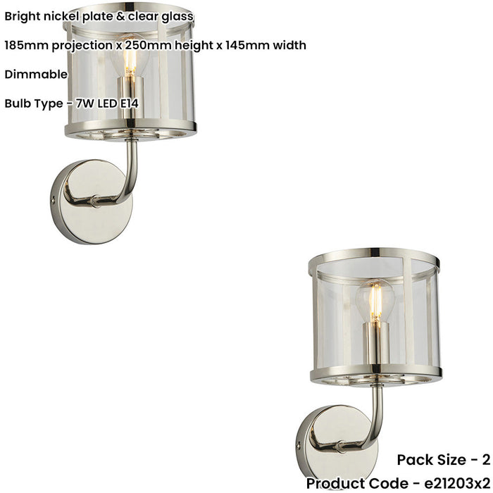 2 PACK Indoor Bright Nickel Plate Wall Light - Clear Glass Shade - Dimmable 7W LED E14