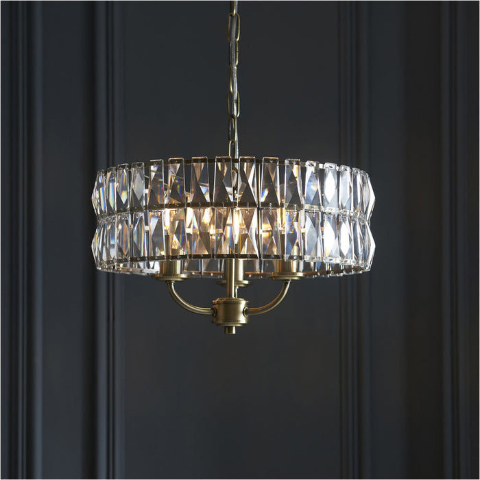 Multi Arm Hanging Ceiling Pendant Light - Antique Brass Plate & Clear Crystal Glass - 3 X 6W LED E14