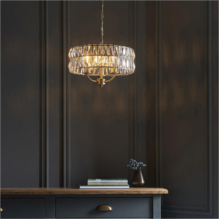 Multi Arm Hanging Ceiling Pendant Light - Antique Brass Plate & Clear Crystal Glass - 3 X 6W LED E14