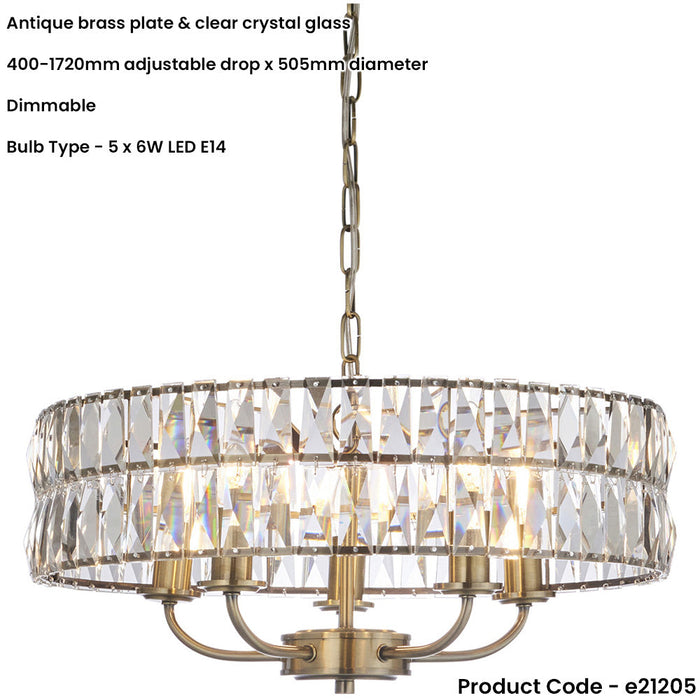 Multi Arm Hanging Ceiling Pendant Light - Antique Brass Plate & Clear Crystal Glass - 5 X 6W LED E14