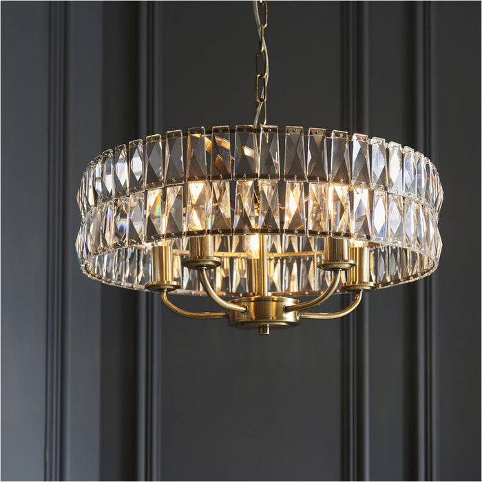 Multi Arm Hanging Ceiling Pendant Light - Antique Brass Plate & Clear Crystal Glass - 5 X 6W LED E14