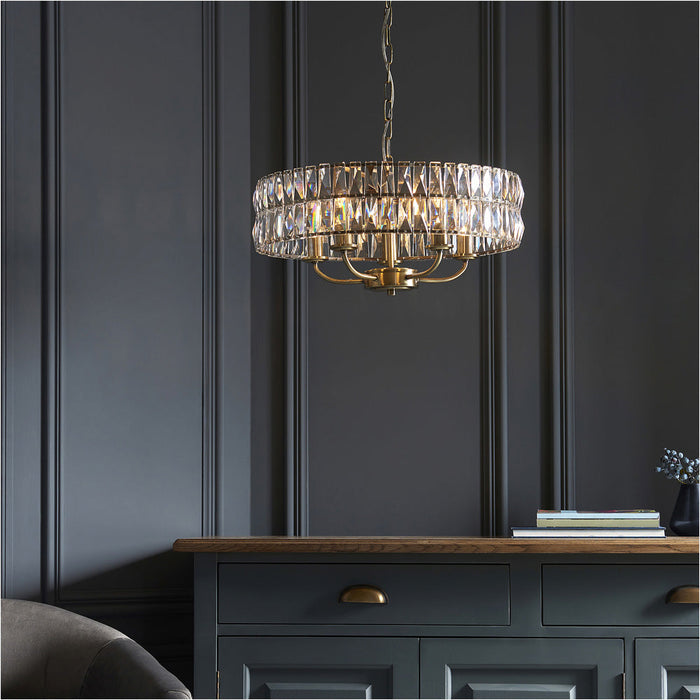 Multi Arm Hanging Ceiling Pendant Light - Antique Brass Plate & Clear Crystal Glass - 5 X 6W LED E14