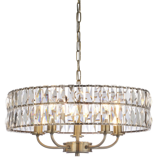 Multi Arm Hanging Ceiling Pendant Light - Antique Brass Plate & Clear Crystal Glass - 5 X 6W LED E14