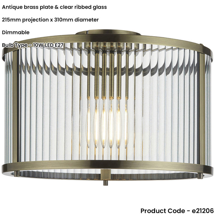 Semi Flush Low Ceiling Light - Antique Brass & Clear Ribbed Glass - 10W Max LED E27