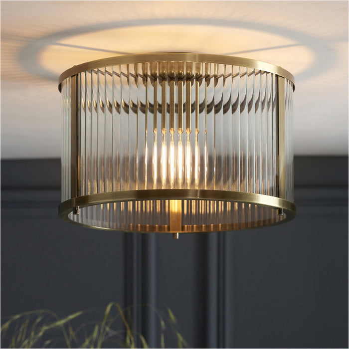 Semi Flush Low Ceiling Light - Antique Brass & Clear Ribbed Glass - 10W Max LED E27