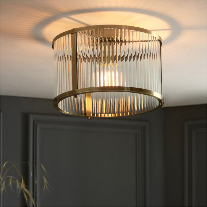 2 PACK Semi Flush Low Ceiling Light - Antique Brass & Clear Ribbed Glass - 10W Max LED E27