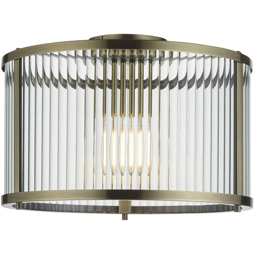 Semi Flush Low Ceiling Light - Antique Brass & Clear Ribbed Glass - 10W Max LED E27