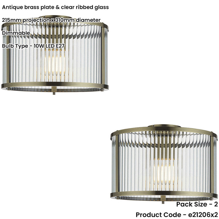 2 PACK Semi Flush Low Ceiling Light - Antique Brass & Clear Ribbed Glass - 10W Max LED E27