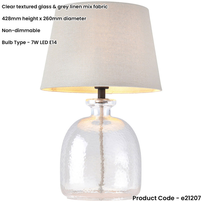 Clear Textured Glass & Grey Linen Mix Fabric Table Lamp - 428mm Tall Light