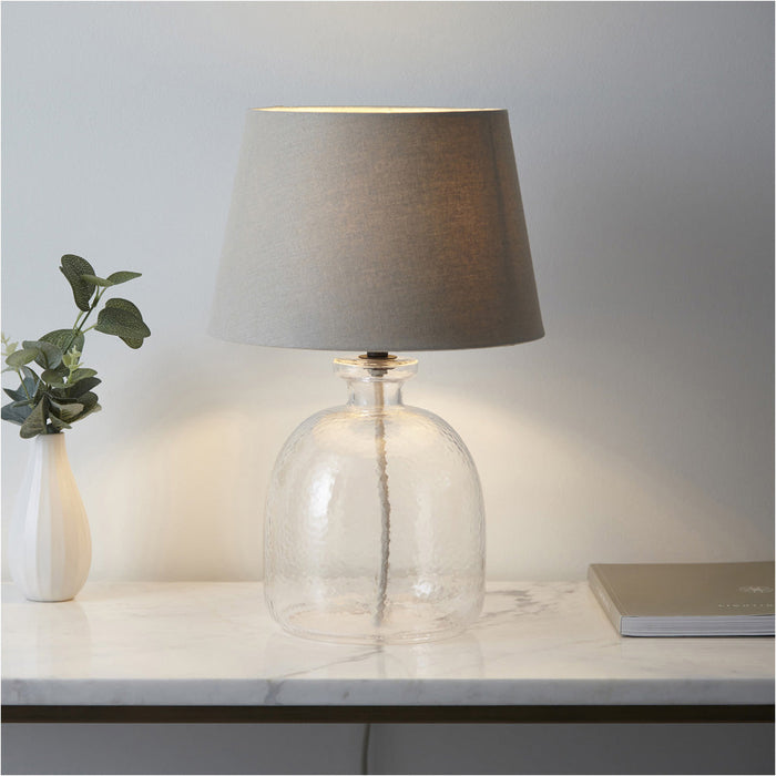 Clear Textured Glass & Grey Linen Mix Fabric Table Lamp - 428mm Tall Light