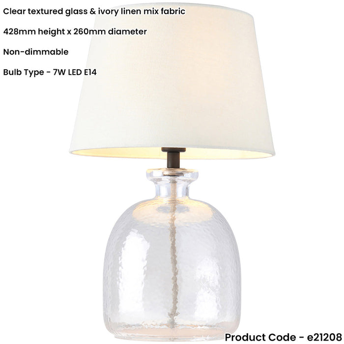 Clear Textured Glass & Ivory Linen Mix Fabric Table Lamp - 428mm Tall Light