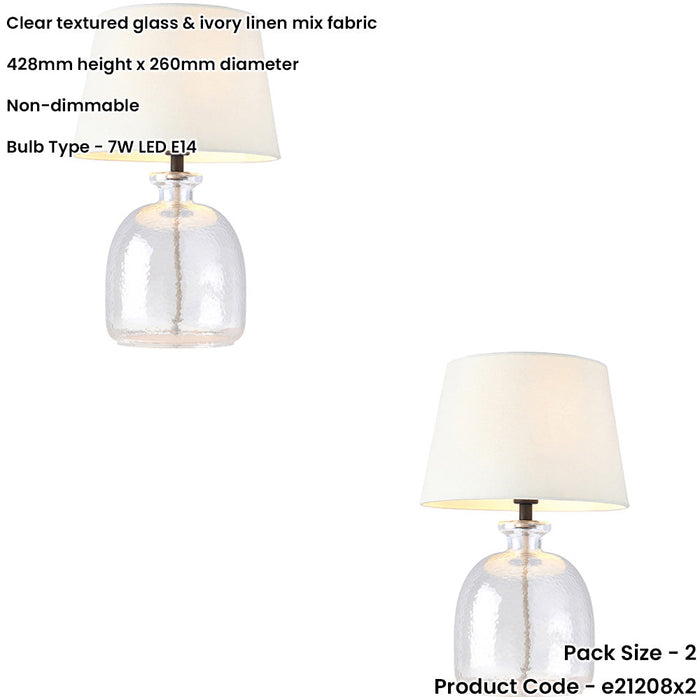 2 PACK Clear Textured Glass & Ivory Linen Mix Fabric Table Lamp - 428mm Tall Light