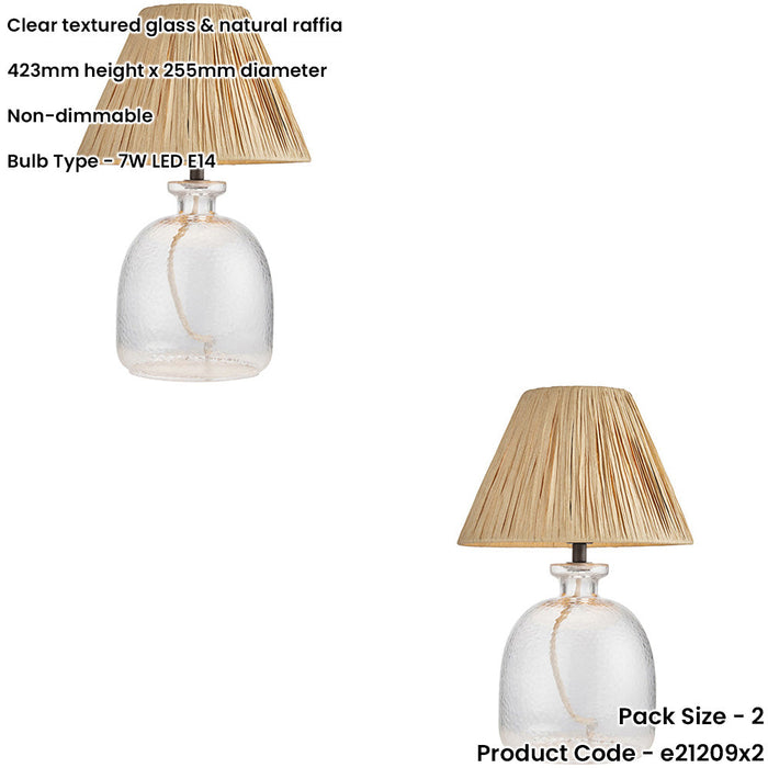 2 PACK Clear Textured Glass & Natural Raffiatable Lamp - 423mm Tall Light